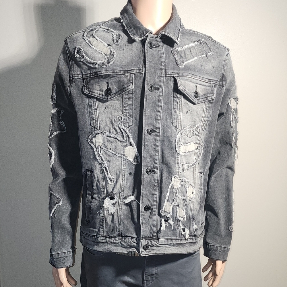 Men's Distressed Gray Denim Jacket